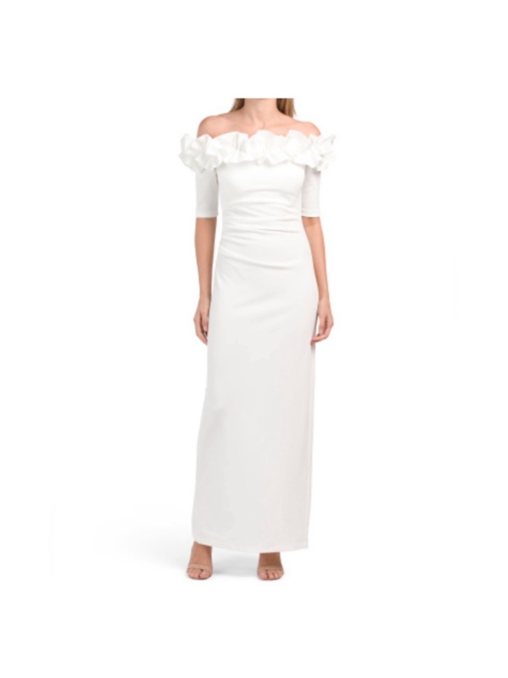 Xscape White Off-the-Shoulder Ruffle Column Gown